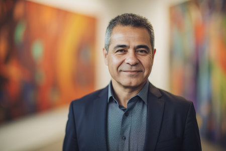Mature smart hispanic businessman, smiling face, standing in blur background of creative colorful office interior design. Generative AI AIG20.の素材