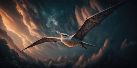 Flying imaginative creature or dinosaur fly in the sky. superlative generative AI image.の素材