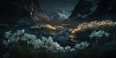 mythical scenery of glowing flower on mountain landscape at night. superlative generative AI image.の素材
