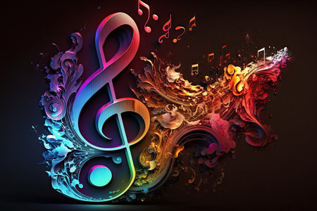 Musical notes flowing in many waves brilliant colors glowing. Generative AI AIG15.の素材