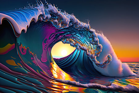 Waves ocean sunbeams artwork colorful water high details. Generative AI AIG15.の素材