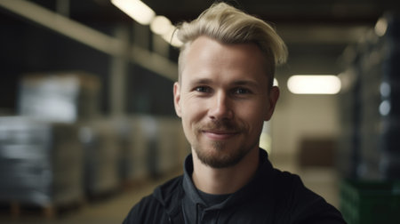 A smiling Swedish male factory worker standing in warehouse. Generative AI AIG19.の素材