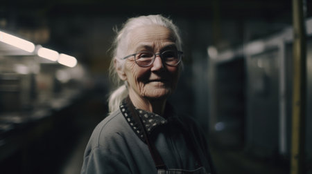 A smiling senior Swedish female factory worker standing in metal sheet factory. Generative AI AIG19.の素材