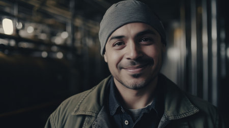 A smiling Hispanic male factory worker standing in oil refinery plant. Generative AI AIG19.の素材