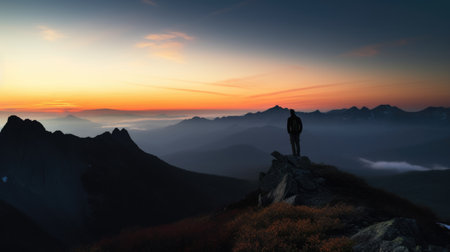 Silhouette of a person standing on the top of a hill under the beautiful colorful sky in the morning. Generative AI AIG21.の素材