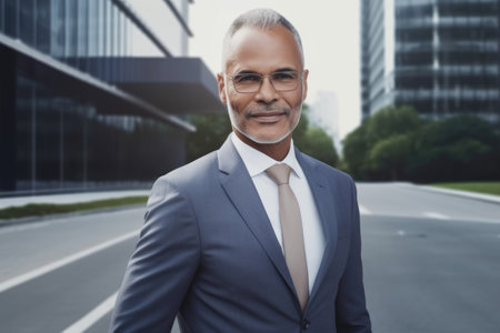 40s mature male executive, smiling face, standing in blur background of modern office building. Generative AI AIG20.の素材