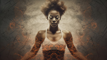 Young african woman in advanced yoga pose, double exposure, energy ripple in the body, heroic. Generative AI AIG20.の素材