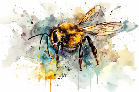 Honey bee watercolor painting hand-drawn style. distinct generative AI image.の素材