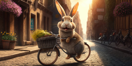rabbit have fun bicycle ride on sunshine day in summer on town streetの素材