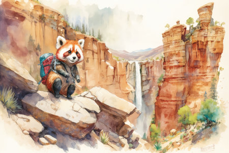 Cute little red panda tourist exploring the world with backpacking. distinct generative AI image.の素材