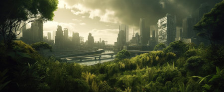 Eco-futuristic cityscape concept with greenery, skyscrapers, parks, and other green spaces in urban area. Generative AI AIG20.の素材