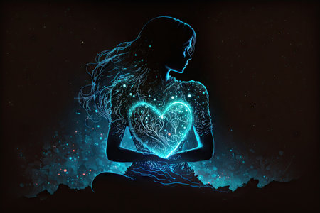 Meditation of ethereal silhouette of woman sitting her backside. Abstract art in wonderful forest in neon light with glowing powerful heart background. Glorious generative AI.の素材