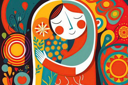Abstract art in woman hugging and smiling in herself or kid in colorful pattern. Decoration of components in flower and leaves graphic design. Glorious generative AI.の素材