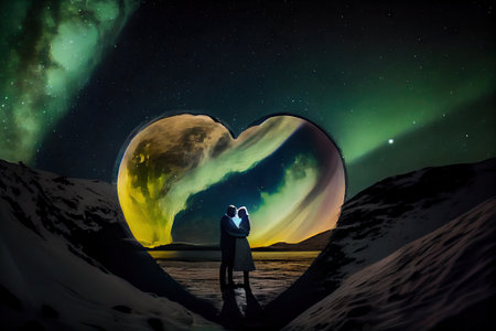 Kissing romantic couple passionately against dust starry in cosmic sky. Abstract art of lover in mysterious landscape under glowing colorful neon northern light. Glorious generative AI.の素材