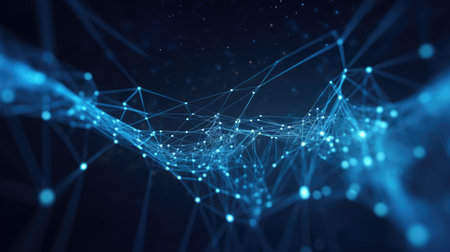 Blue abstract background with a network grid and particles connected. Generative AI AIG21.の素材
