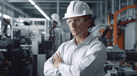 40s engineer, wearing safety uniform, standing in blur background of smart factory with robotic arms. Generative AI AIG20.の素材