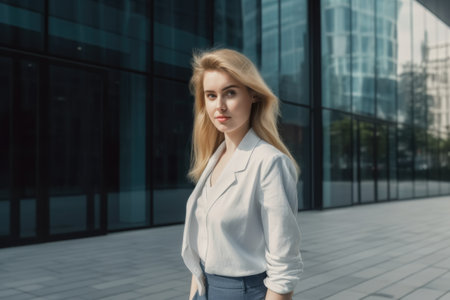 Young shy blonde girl in business attire, standing in front of modern office building. Generative AI AIG20.の素材