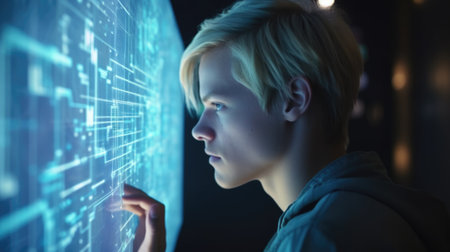 Young blonde male with wonder, curiosity, looking at holographic digital display, futuristic technology, innovation. Generative AI AIG20.の素材