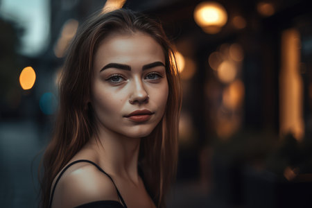 A beautiful young businesswoman portrait, outdoor and woman looking at camera. distinct generative AI image.の素材