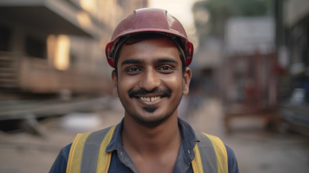 A smiling Indian male construction worker standing in construction site. Generative AI AIG19.の素材