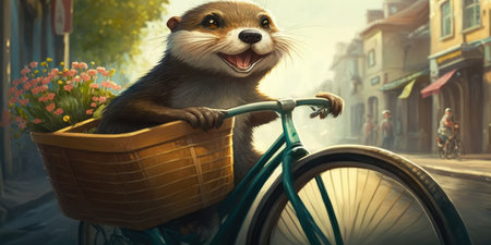 otter have fun bicycle ride on sunshine day in summer on town streetの素材