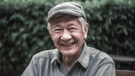 Smiling senior man sitting in the garden looking at the camera smiling. Generative AI AIG20.の素材