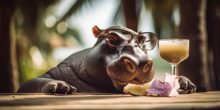 Hippopotamus is on summer vacation at seaside resort and relaxing on summer beachの素材