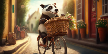 badger have fun bicycle ride on sunshine day in summer on town streetの素材