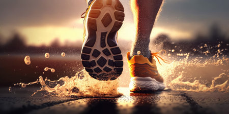 Close up view of runner sport shoes sprint running on track. distinct generative AI image.の素材