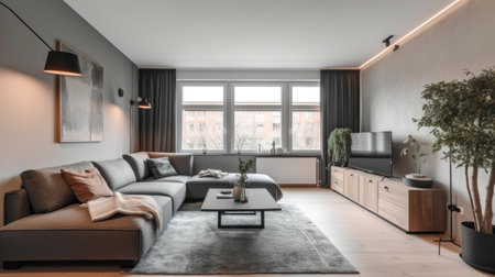 Cozy living room with a modern design in apartment. Generative AI AIG21.の素材