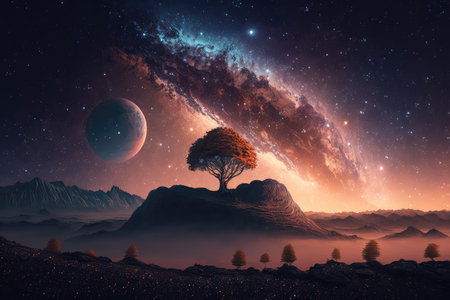 Landscape with galaxy background with fantasy night starry sky. distinct generative AI image.の素材