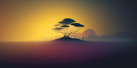 Tranquil minimal landscape in foggy morning scene. superlative generative AI image.の素材