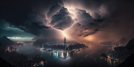 Destructive and powerful thunder storm strike metropolis city with thunderbolt. superlative generative AI image.の素材