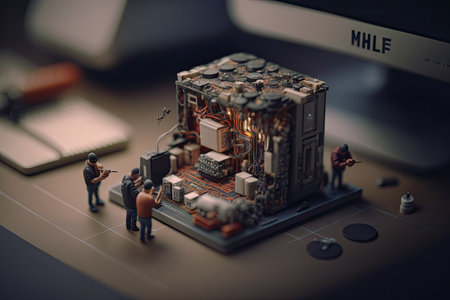 Tiny workers working on an embroidered processor inside a computer. Generative AI AIG15.の素材