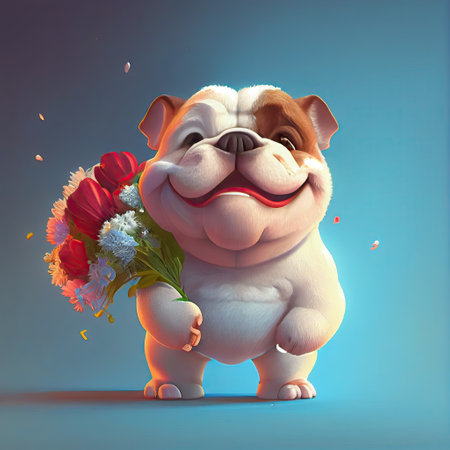 Smiling cute bulldog holding bouquet in colorful flowers isolated warm background. Concept of phonographic in art digital of animal abstract profile. Glorious generative AI.の素材