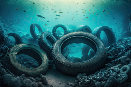 Pile of dirty garbage car tires and waste trash under sea water. Generative AI AIG15.の素材
