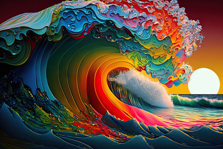 Waves ocean sunbeams artwork colorful water high details. Generative AI AIG15.の素材