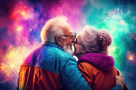 hugging happiness senior couple while fireworks coloring the sky. Glorious Generative AI.の素材