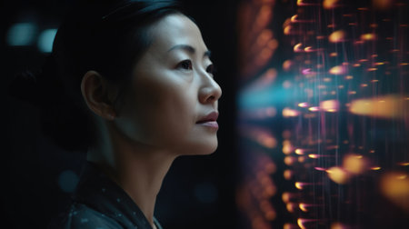 Mature Asian woman with wonder, curiosity, looking at holographic digital display, futuristic technology, innovation. Generative AI AIG20.の素材