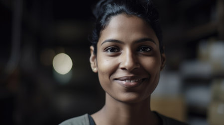 A smiling Indian female factory worker standing in warehouse. Generative AI AIG19.の素材