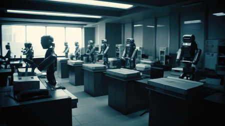 Robotic office with laptops and robots, business process automation. human enhanced. Generative AI AIG20.の素材