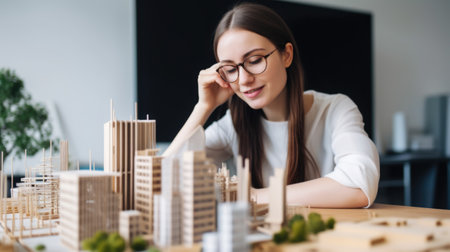 Happy female architect looking at architectural models with buildings and green space. Generative AI AIG21.の素材