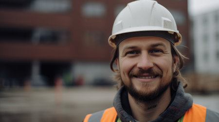 A smiling Swedish male construction worker standing in construction site. Generative AI AIG19.の素材