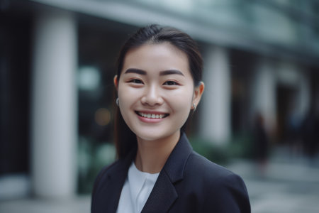 Young smart asian businesswoman, smiling face, standing in blur background of modern office building. Generative AI AIG20.の素材