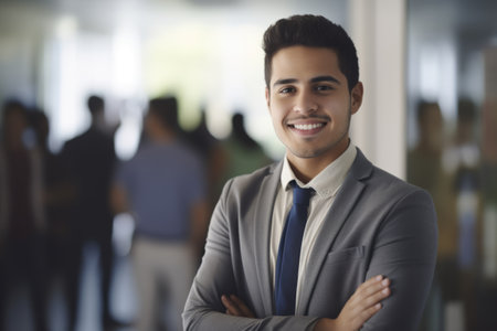 Young smart hispanic businessman, smiling face, standing in blur background of busy office. Generative AI AIG20.の素材