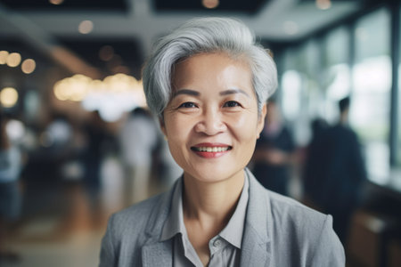 Mature smart asian businesswoman, smiling face, standing in blur background of busy office. Generative AI AIG20.の素材