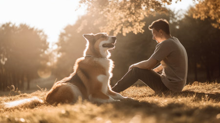 Young man with dog sitting in park, sunlight. Generative AI AIG20.の素材