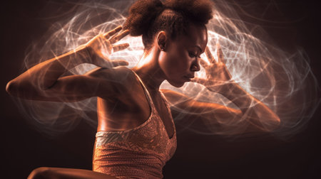 Young african woman in advanced yoga pose, double exposure, energy ripple in the body, heroic. Generative AI AIG20.の素材
