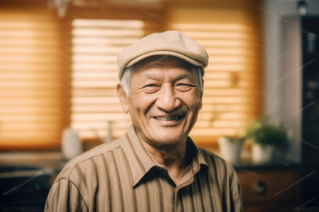 Happy scandinavian senior man at home smiling looking at camera. Generative AI AIG20.の素材