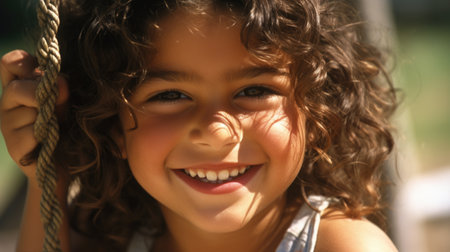 Close up smiling face, young hispanic girl playing on a swing, happiness, childhood, freedom, vitality, outdoor fun, carefree, sunlight. Generative AI AIG20.の素材